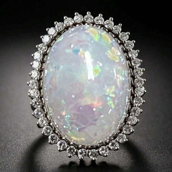 6ct Oval Cut Lab-Created Fire Opal Cluster Engagement Ring 14K White Gold Plated - Picture 3 of 6